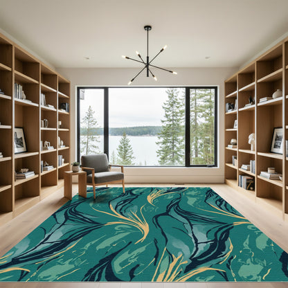 Teal And Gold Abstract Swirls Rug