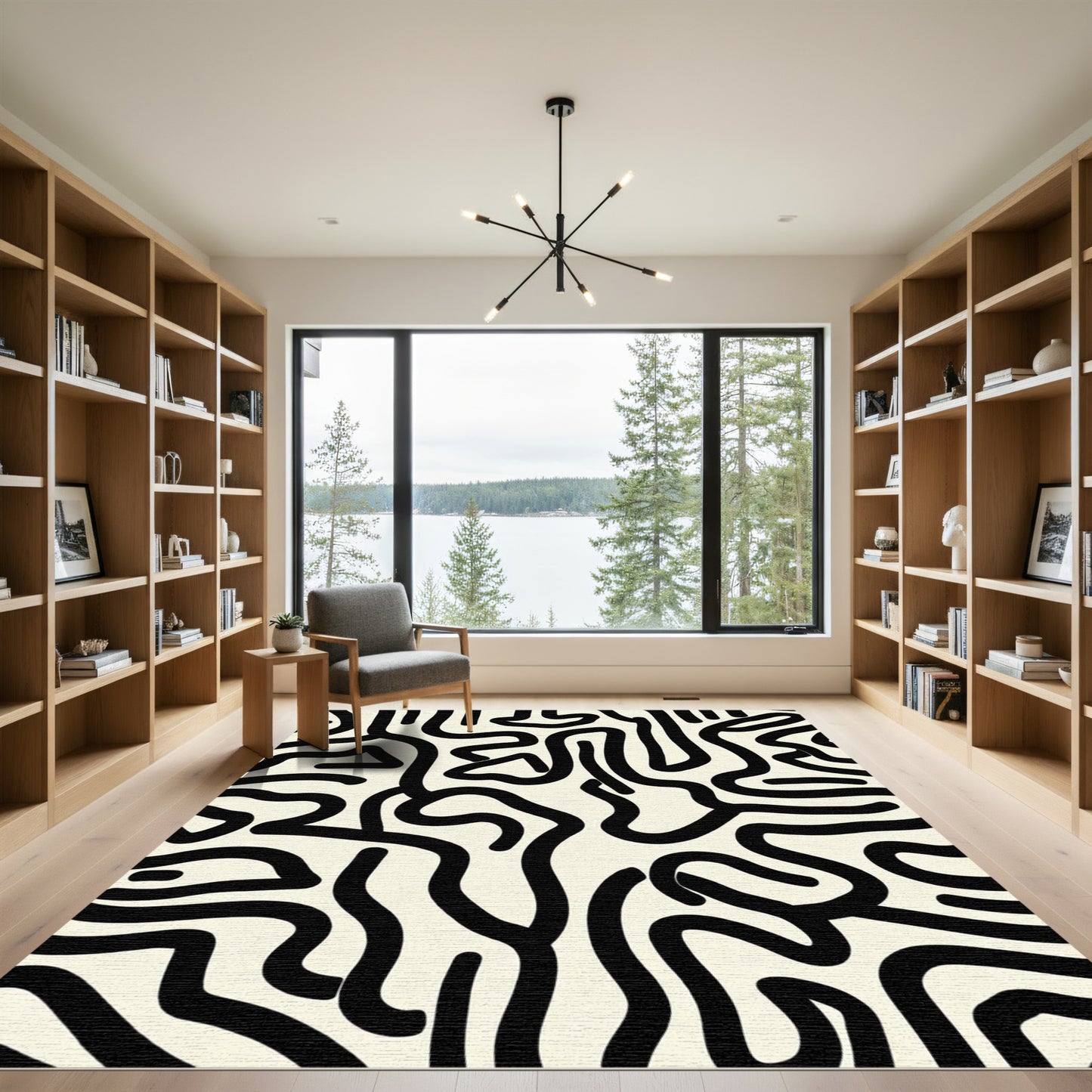 Abstract Black Labyrinth Cream Rug