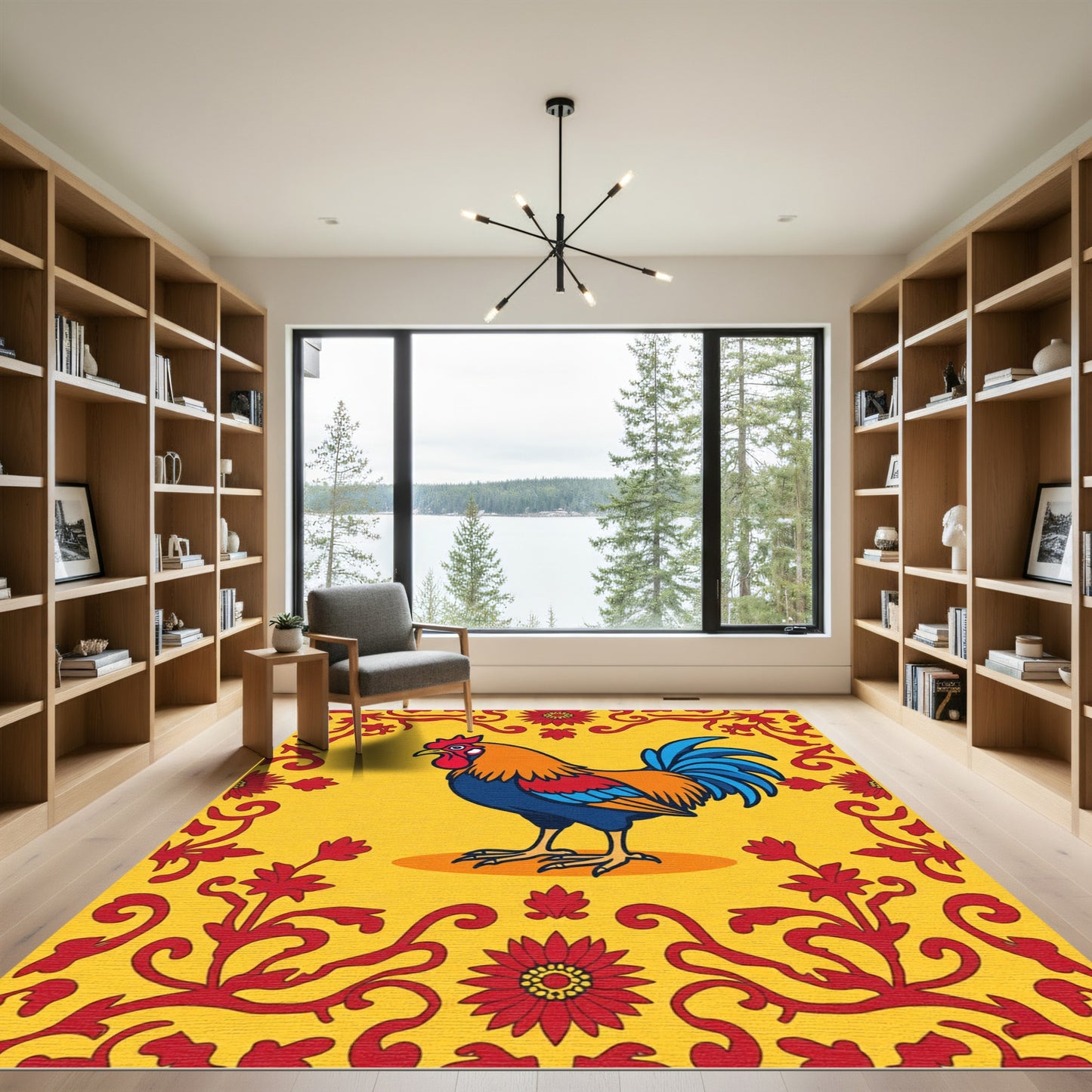 Vibrant Rooster Floral Border Rug