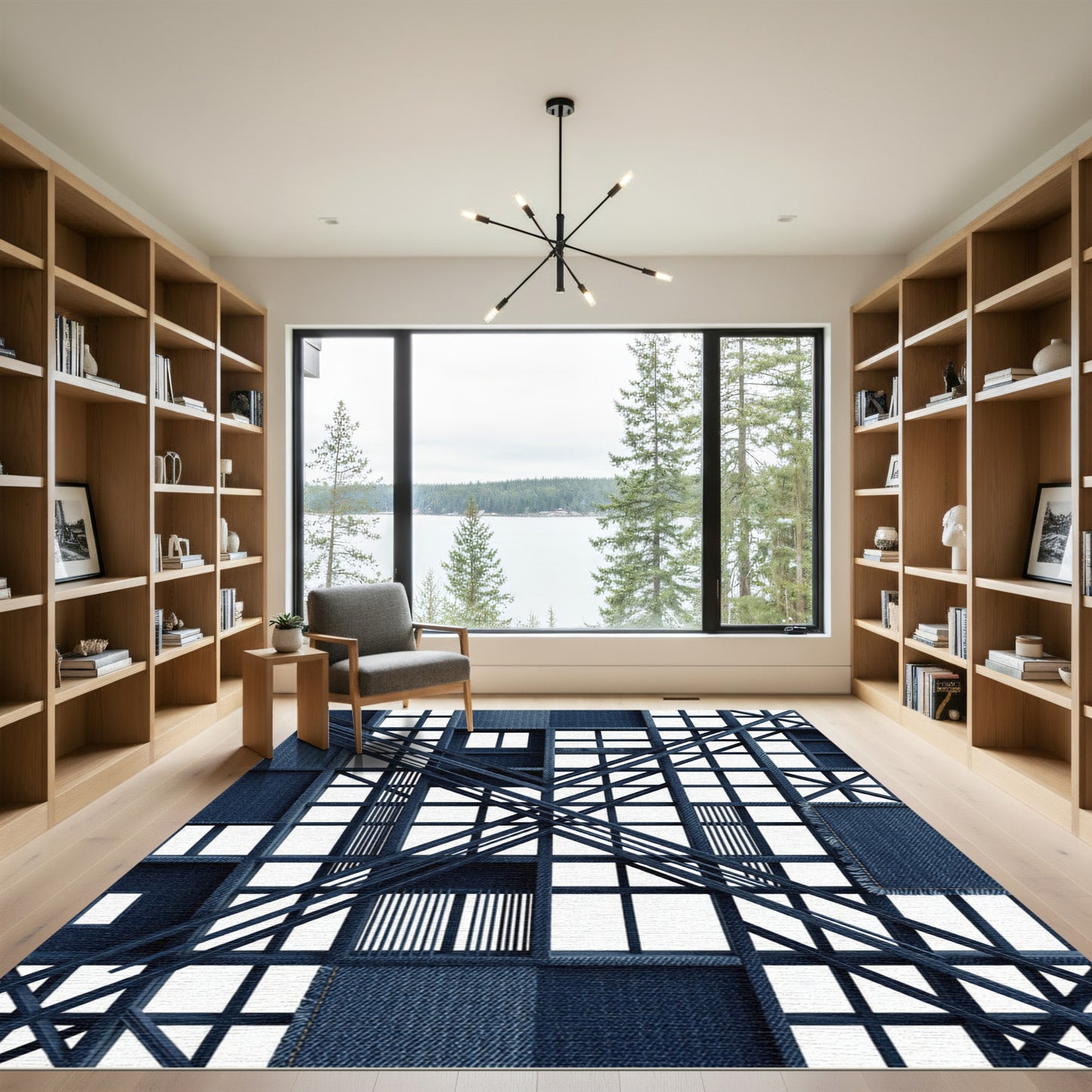 Indigo Denim Grid Intersecting Lines Rug