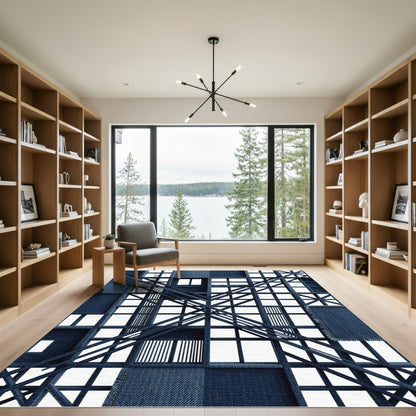 Indigo Denim Grid Intersecting Lines Rug