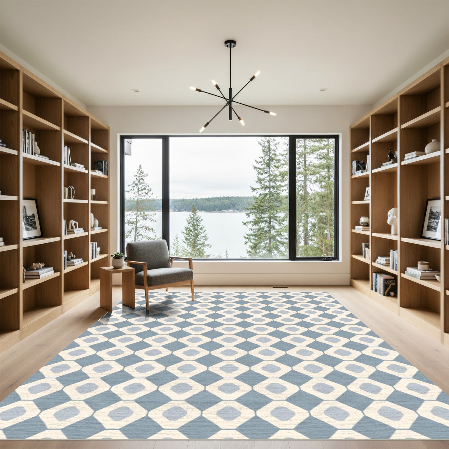 Soft Blue Cream Octagonal Grid Rug