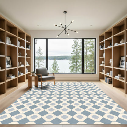 Soft Blue Cream Octagonal Grid Rug