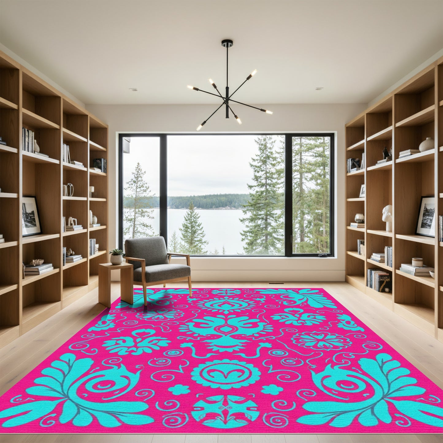 Vibrant Teal Floral Symmetry Rug
