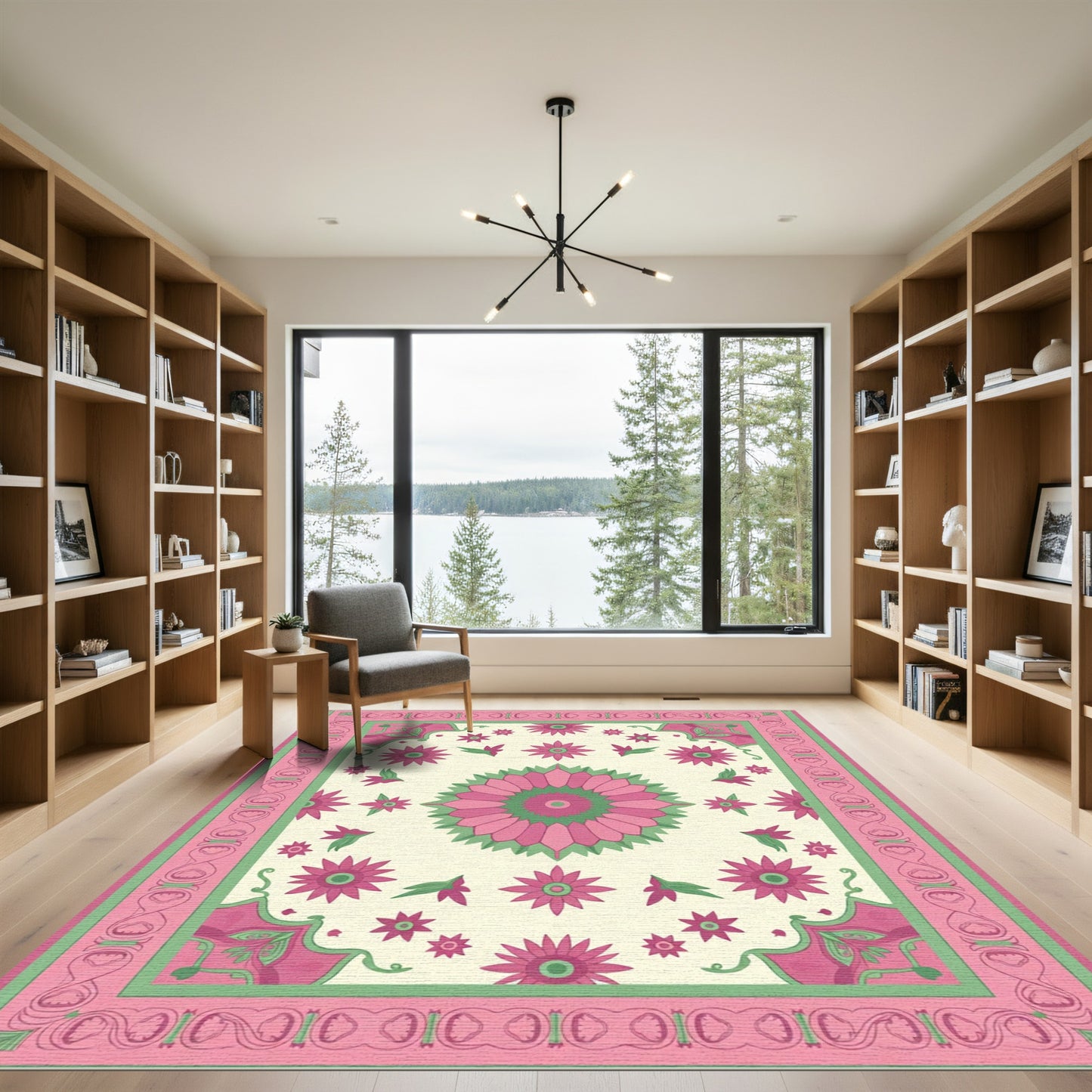 Pink Green Floral Medallion Garden Rug