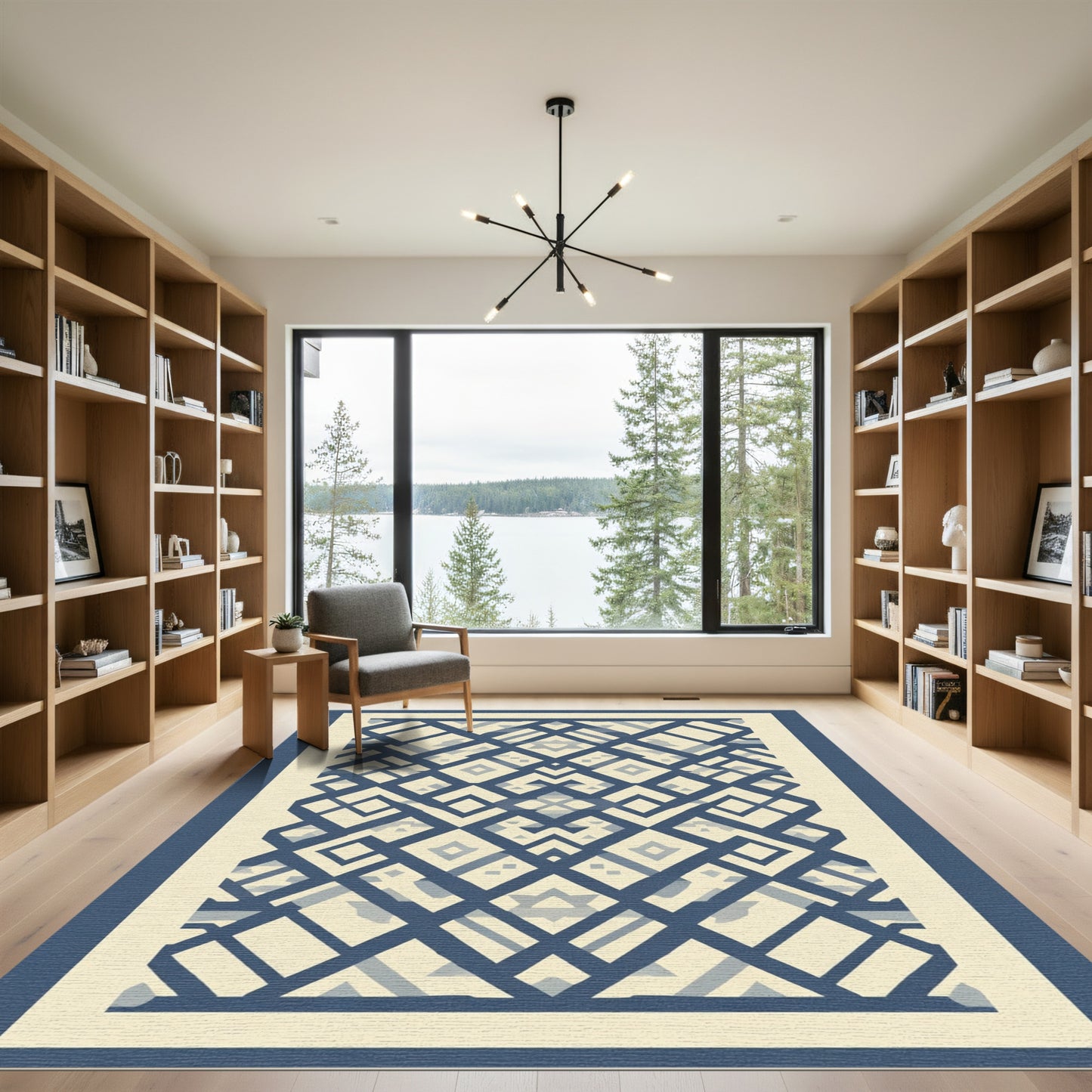 Navy and Cream Geometric Lattice Rug