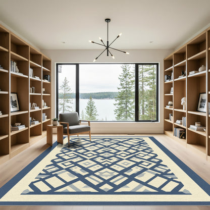 Navy and Cream Geometric Lattice Rug