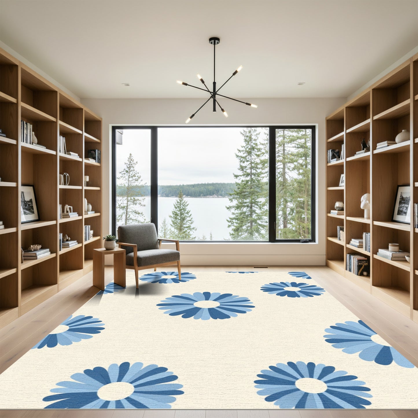 Retro Blue Daisy Floral Pattern Rug