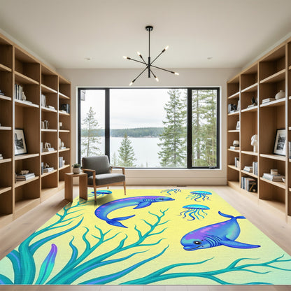 Whimsical Blue Dolphins Jellyfish Underwater Rug