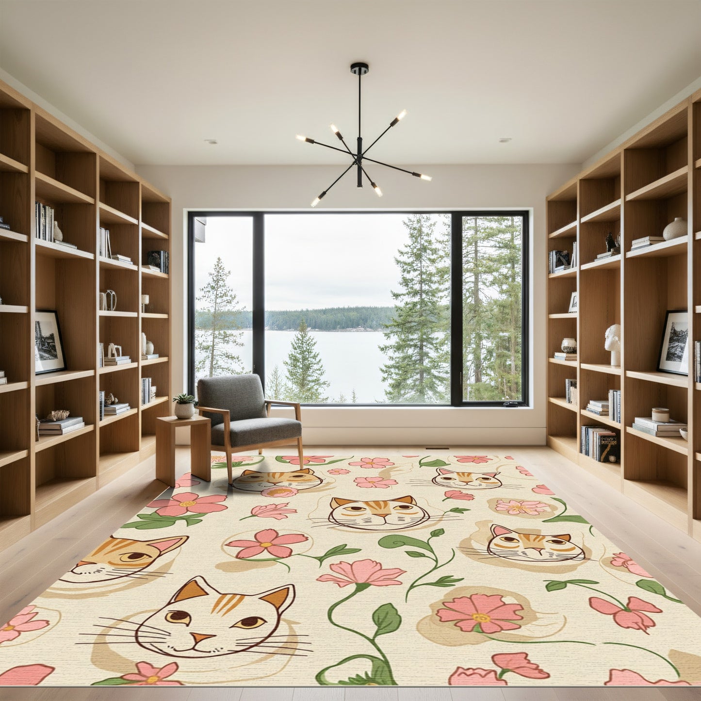 Whimsical Pink Floral Cat Faces Rug