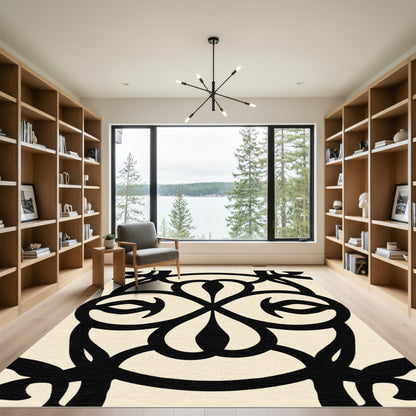Bold Black Floral Ivory Medallion Rug