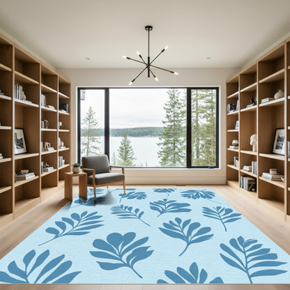 Blue Silhouetted Leaves On Light Blue Rug