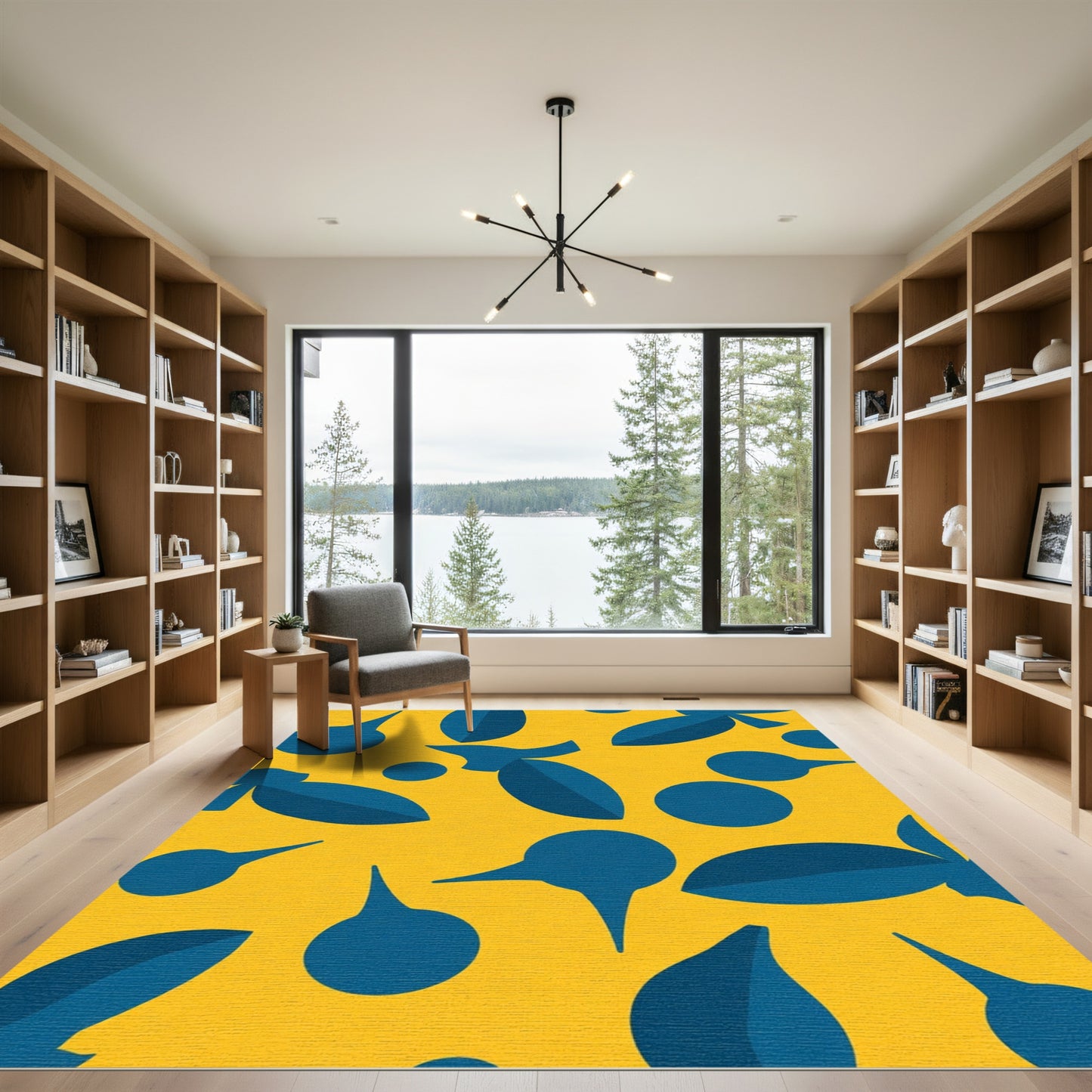 Deep Blue Abstract Shapes Yellow Background Rug