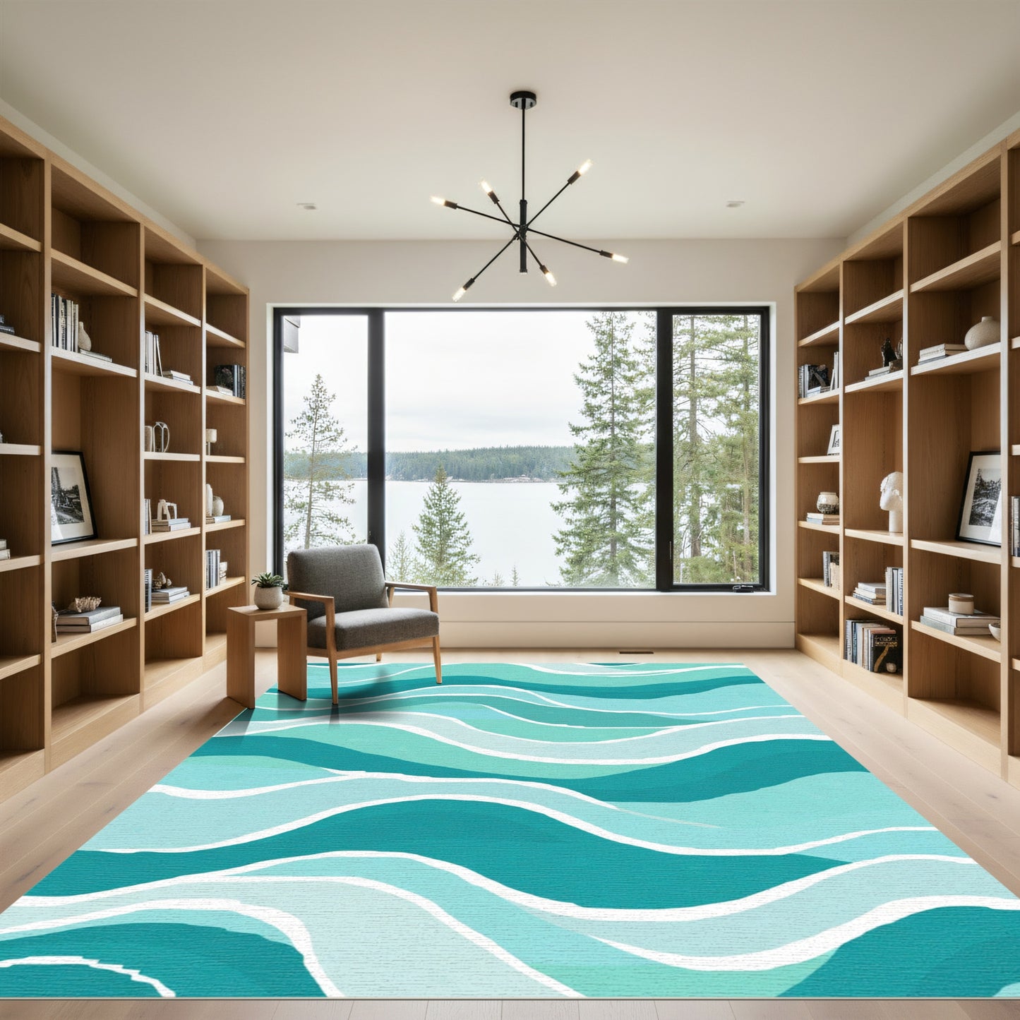 Aqua Teal Serene Wave Strokes Rug