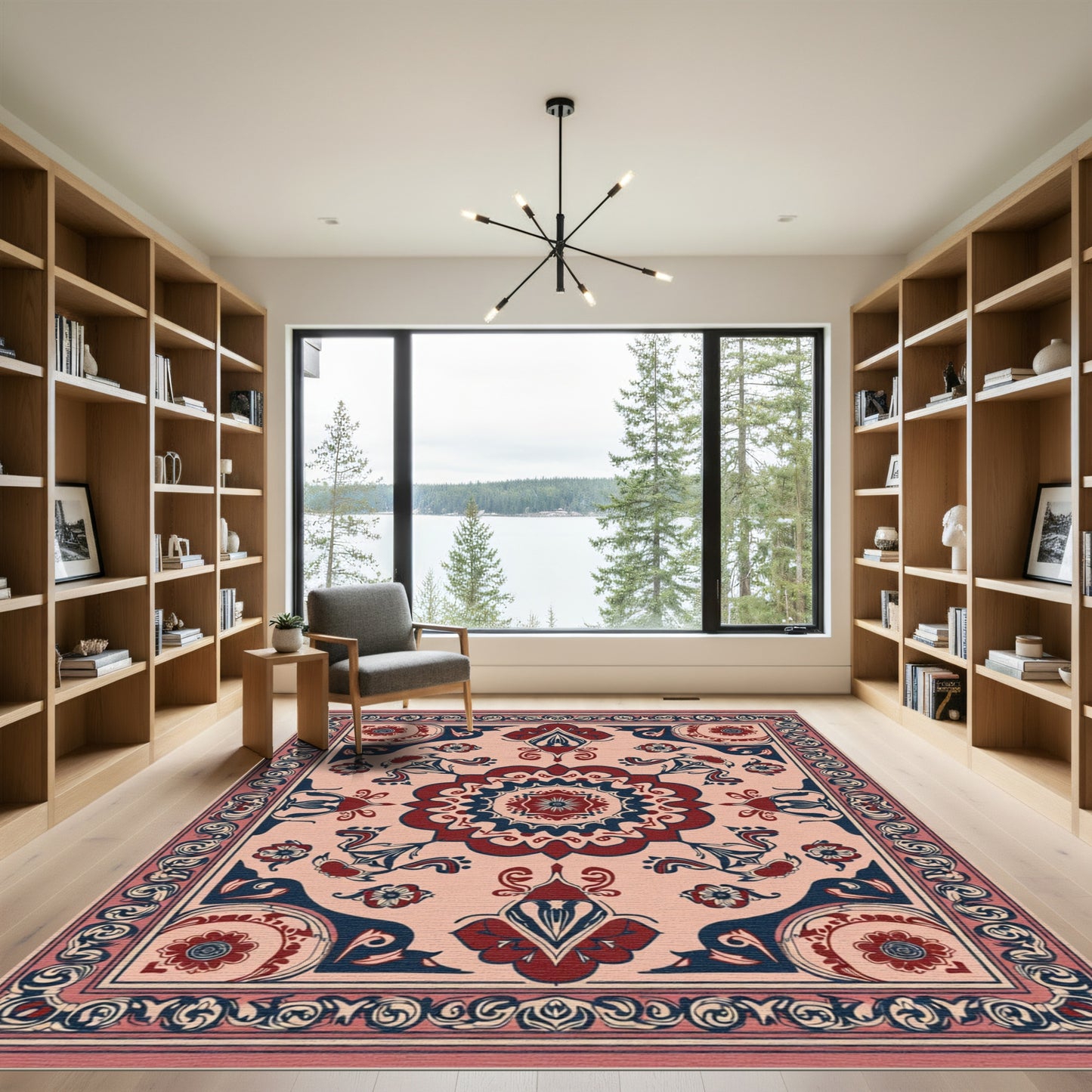 Crimson Navy Floral Medallion Border Rug