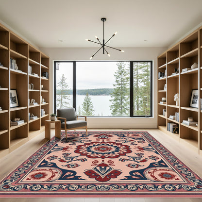 Crimson Navy Floral Medallion Border Rug