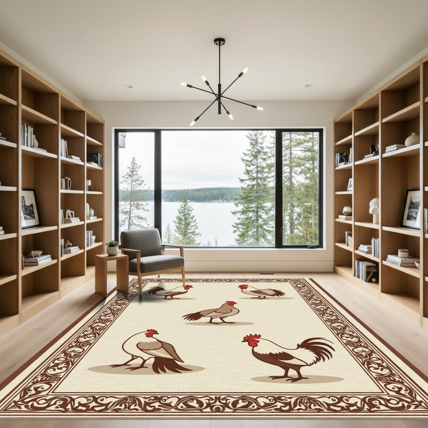 Brown and Cream Rooster Collage Rug