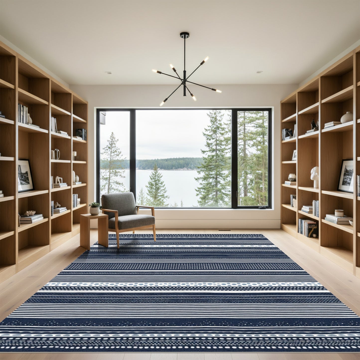 Navy Blue White Striped Dotted BandRug Rug