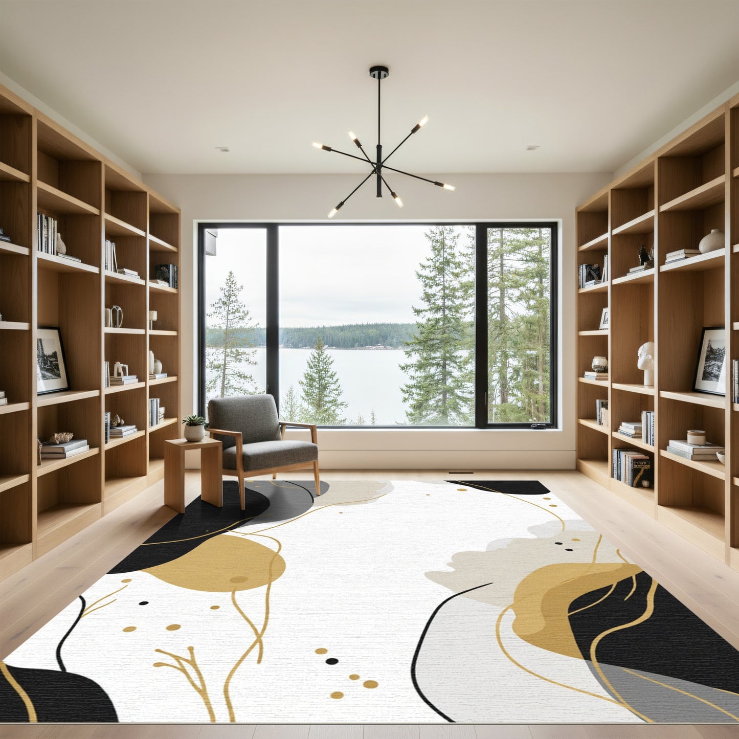 Abstract Gold Black Gray Organic Forms Rug