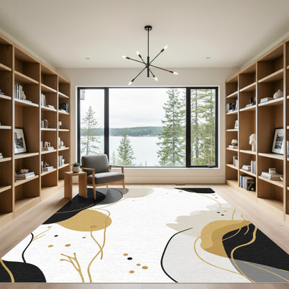 Abstract Gold Black Gray Organic Forms Rug