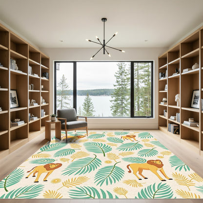 Golden Lion Green Jungle Leaves Rug