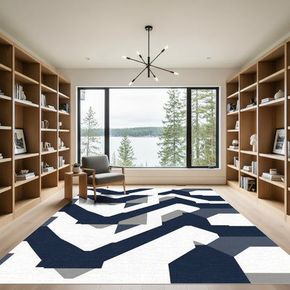 Modern Navy Slate Geometric Lines Rug