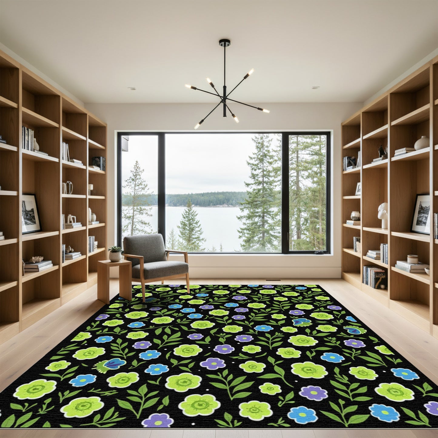 Whimsical Green Floral Garden Pattern Rug