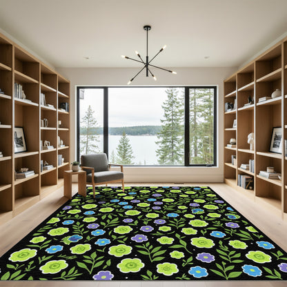 Whimsical Green Floral Garden Pattern Rug