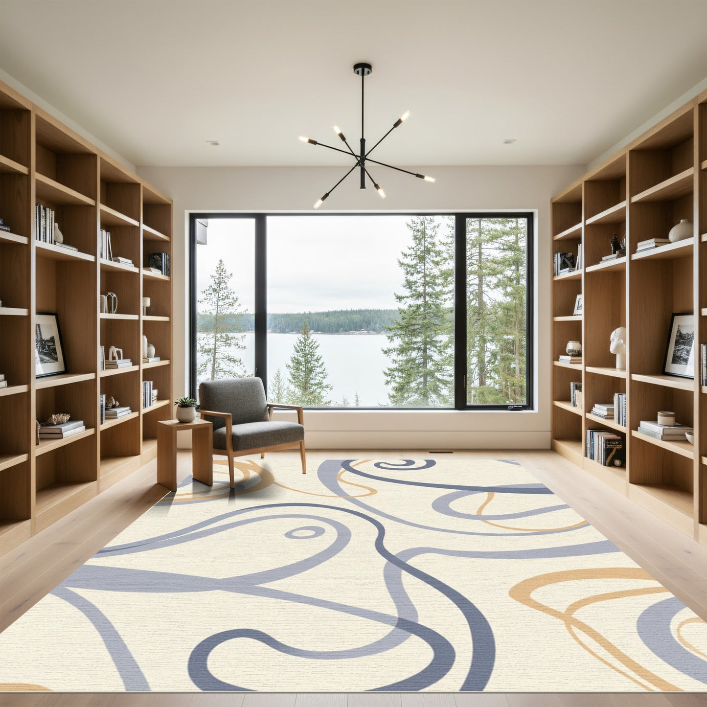 Abstract Swirls Blue Tan Ribbons Rug