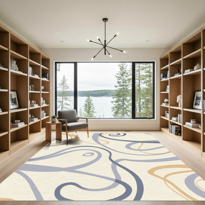 Abstract Swirls Blue Tan Ribbons Rug