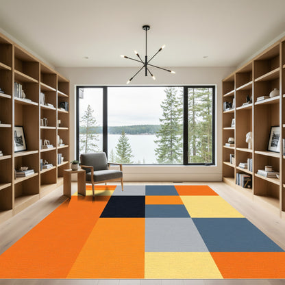 Warm Orange Blue Geometric Blocks Rug