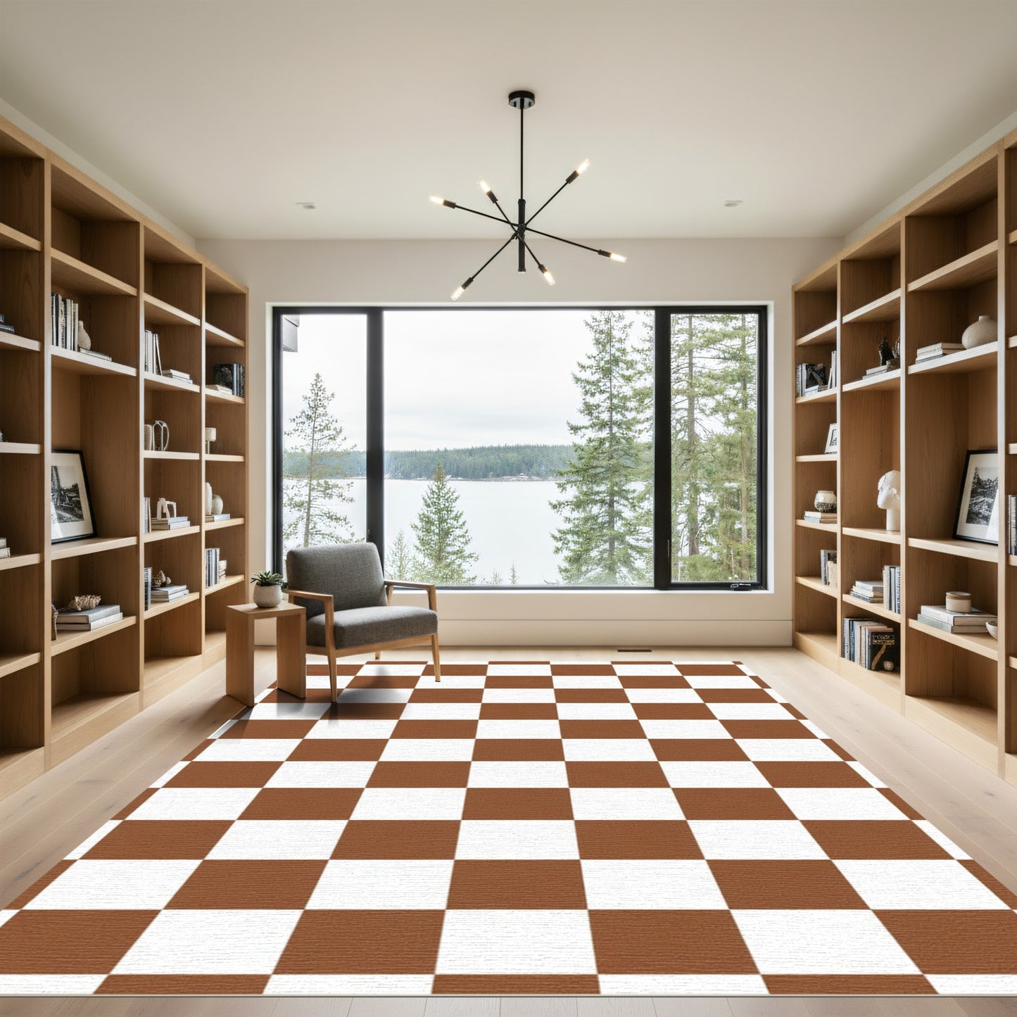 Brown White Classic Checkered Squares Rug