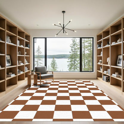 Brown White Classic Checkered Squares Rug