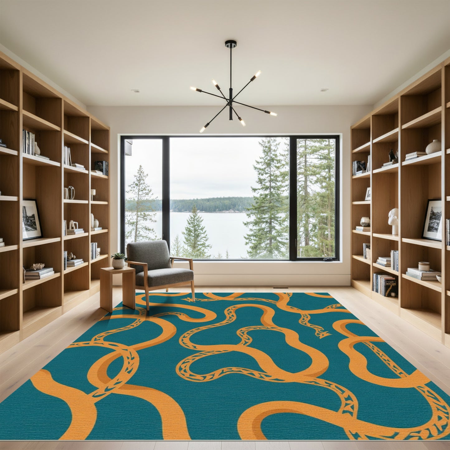 Orange Serpent Teal Background Rug