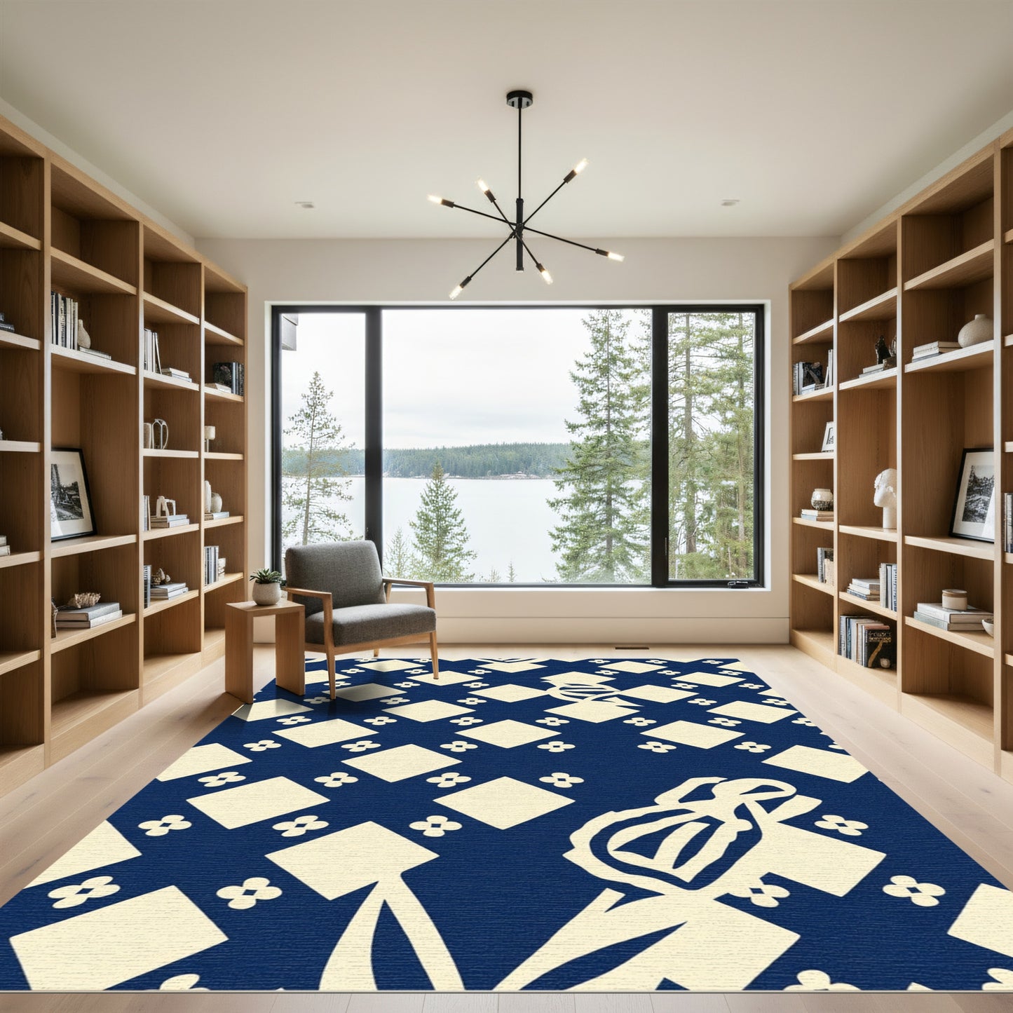 Navy Cream Diamond Floral Arrangement Rug
