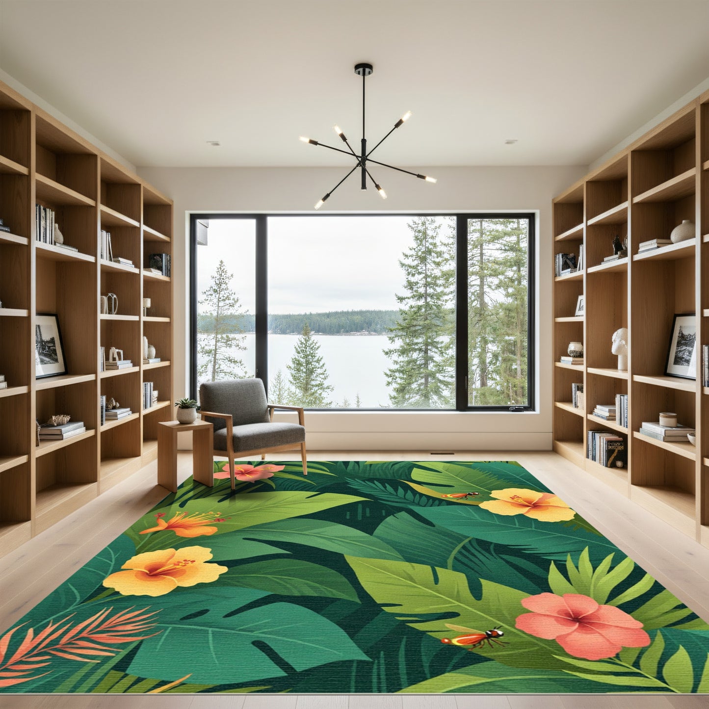 Vibrant Hibiscus Tropical Foliage Scene Rug
