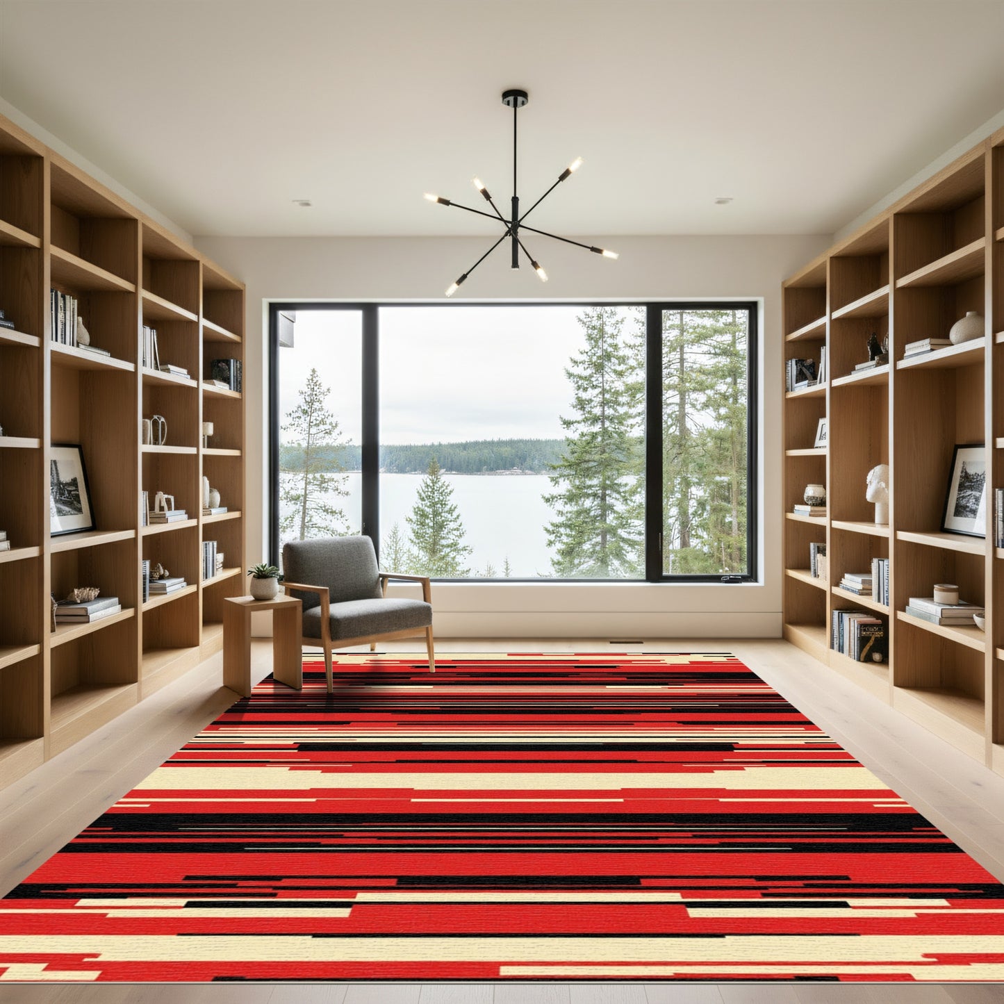 Red Black Cream Horizontal Lines Rug