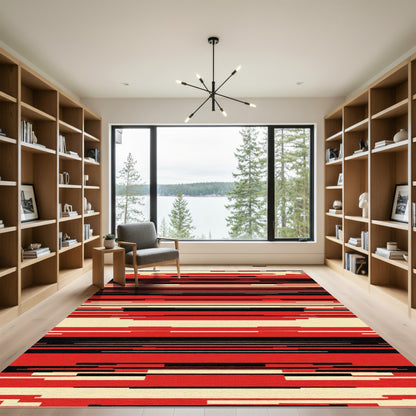 Red Black Cream Horizontal Lines Rug