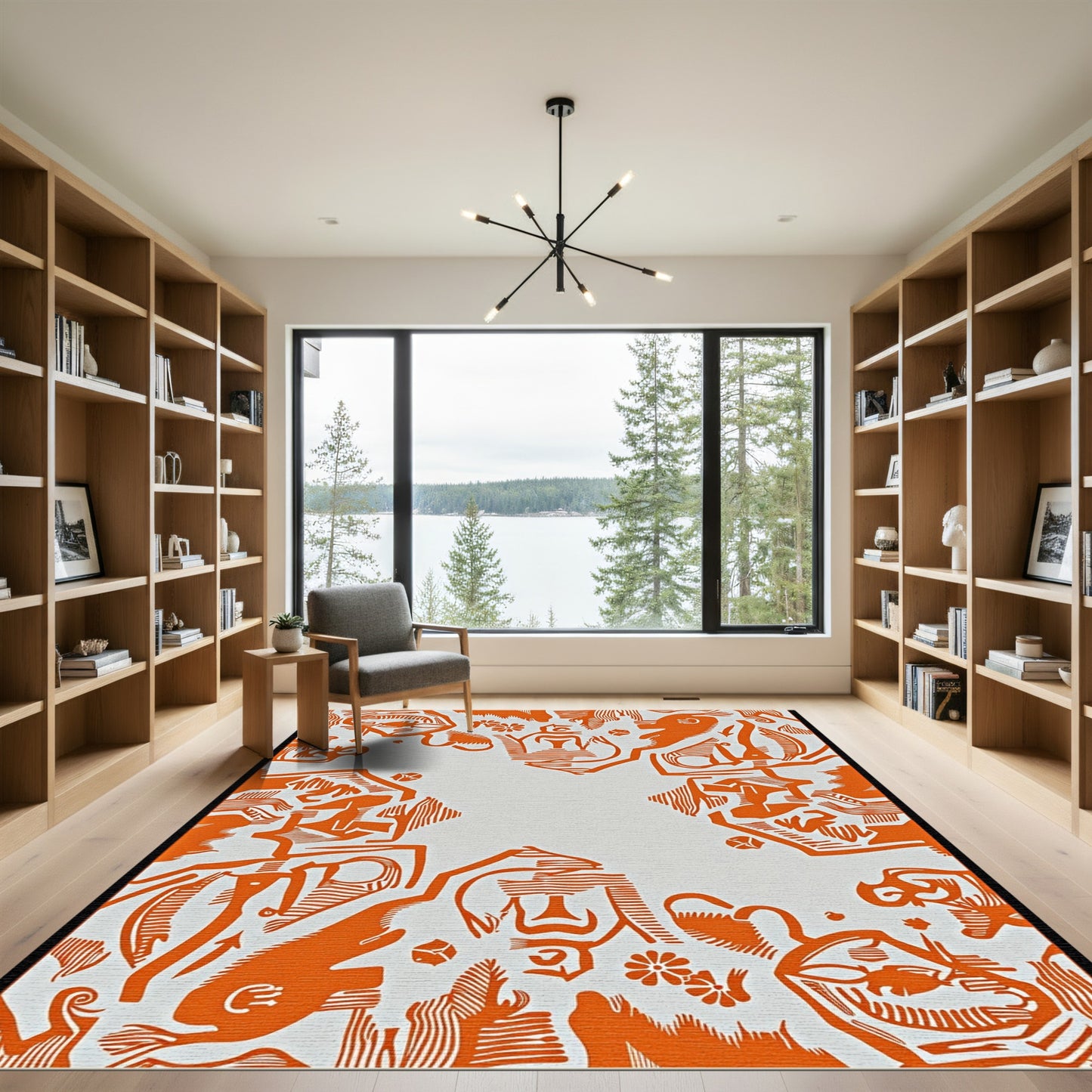 Orange Abstract Figures Folk Art Rug