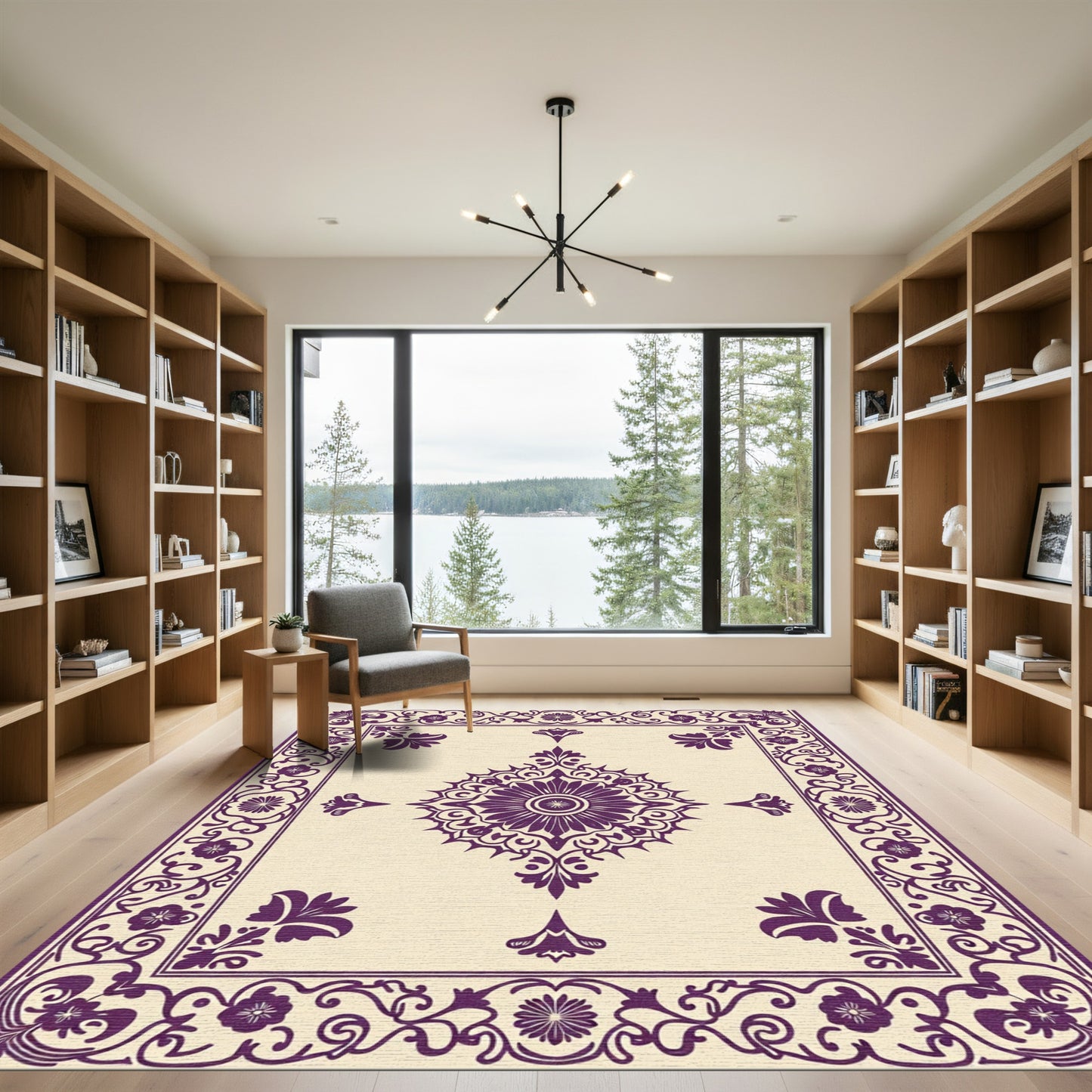 Ornate Purple Floral Medallion Border Rug