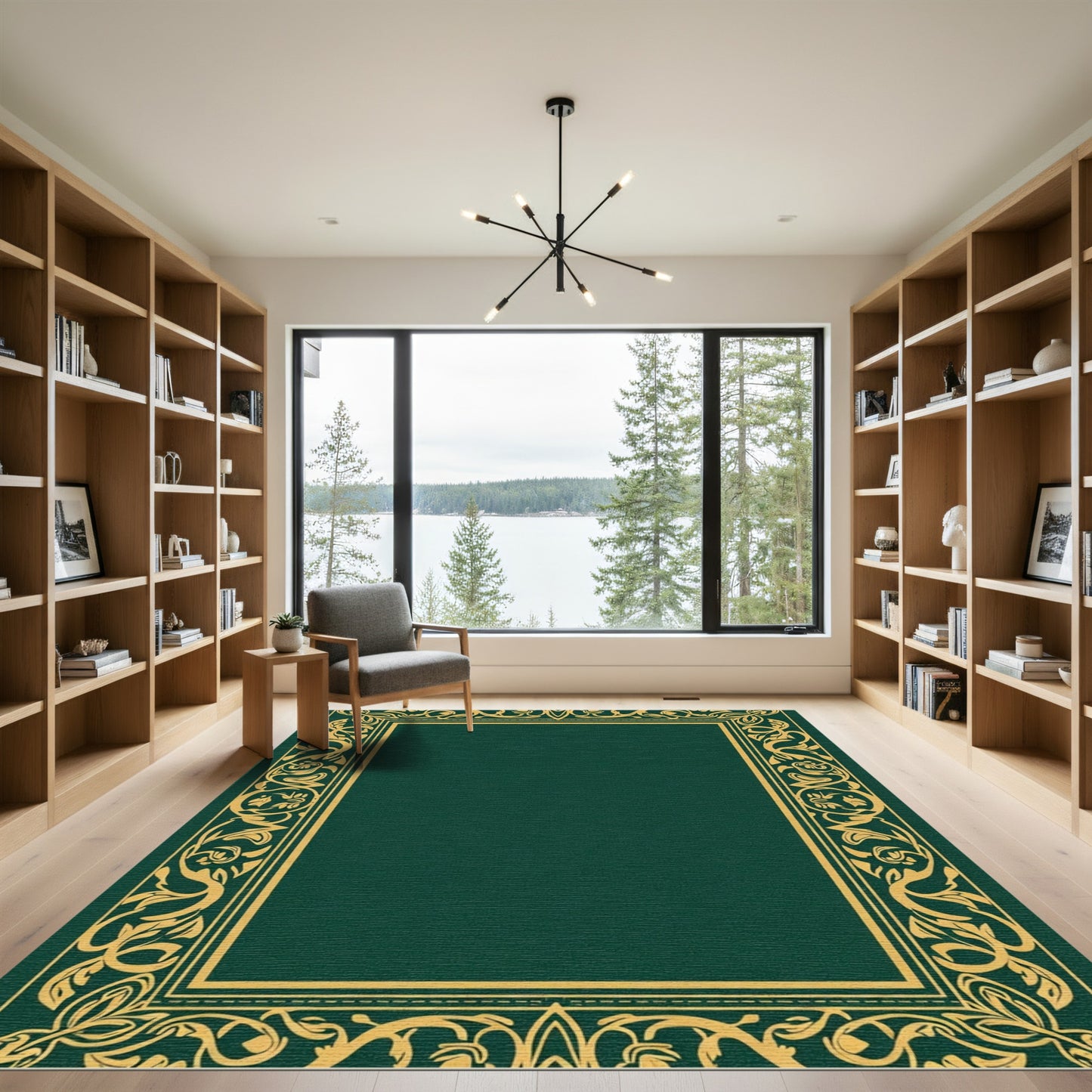 Rich Emerald Gold Floral Border Rug
