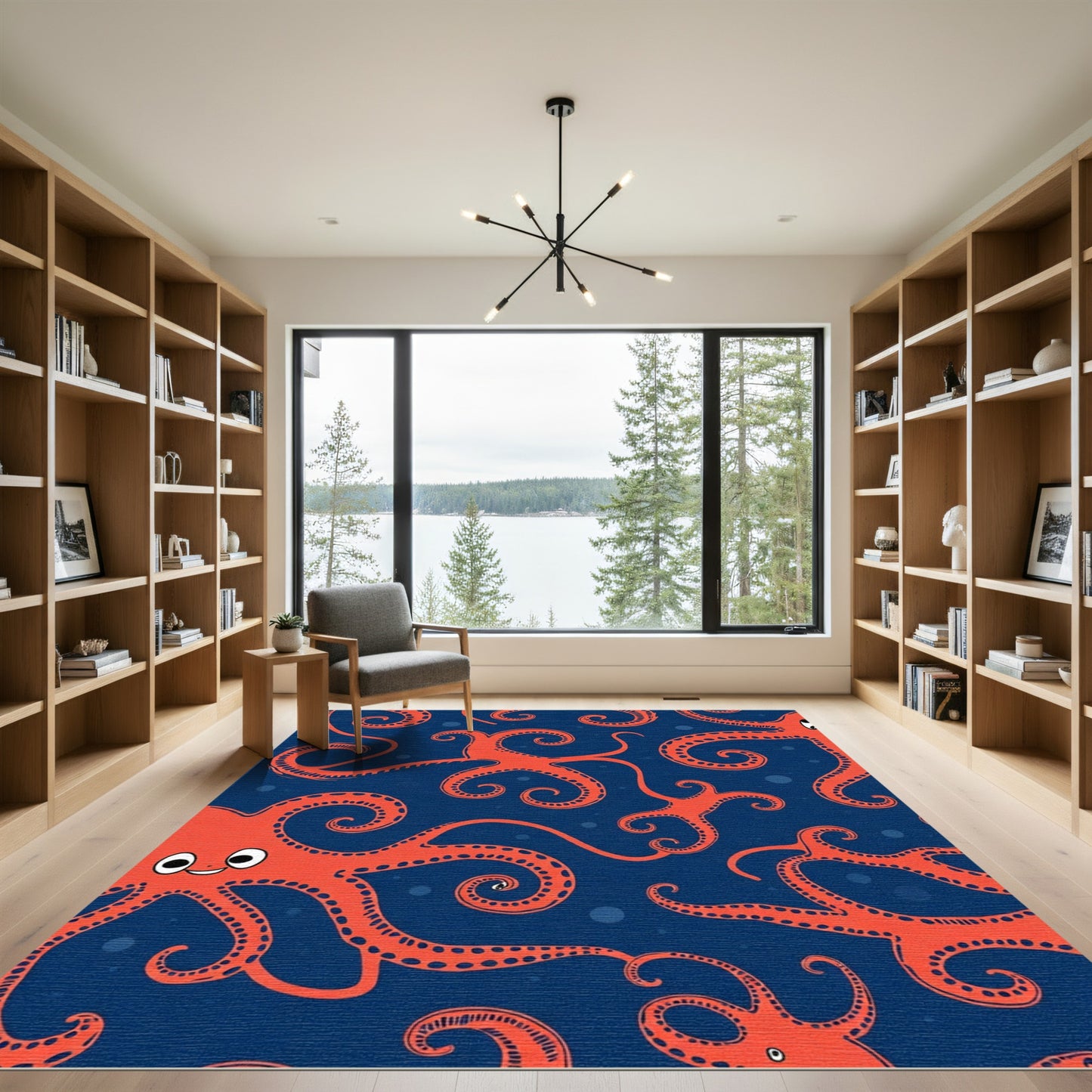 Whimsical Orange Octopus Navy Blue Rug