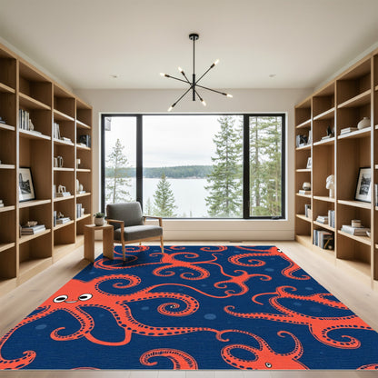 Whimsical Orange Octopus Navy Blue Rug