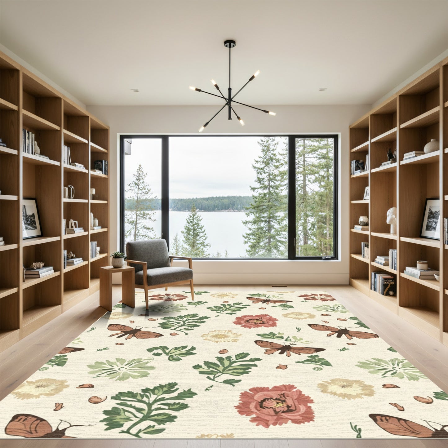Brown Butterfly Floral Garden Scene Rug
