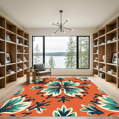Bold Orange Teal Floral Mandala Rug