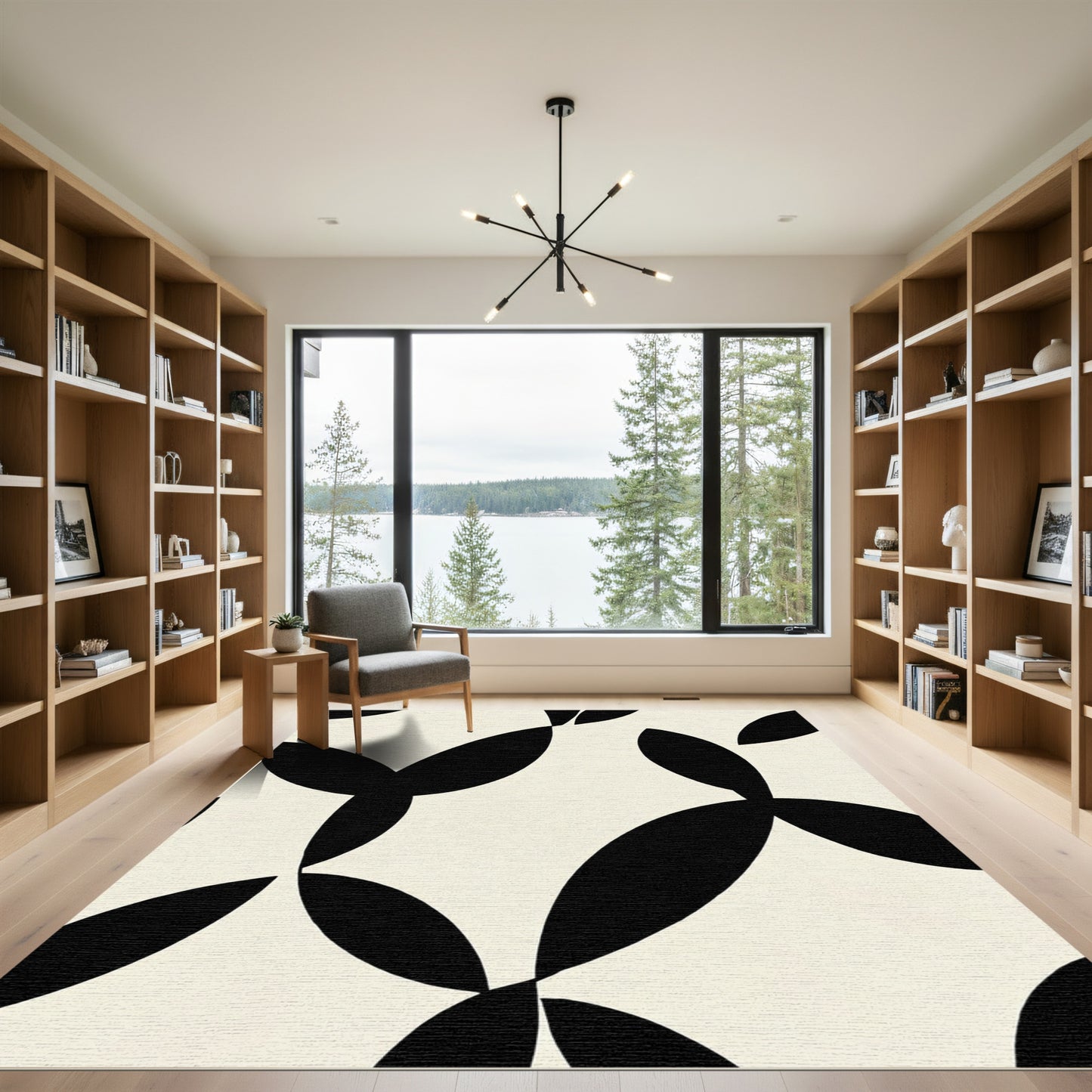 Cream and Black Interlocking Petal Shape Rug