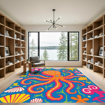 Orange Octopus Floral Sea Creatures Rug