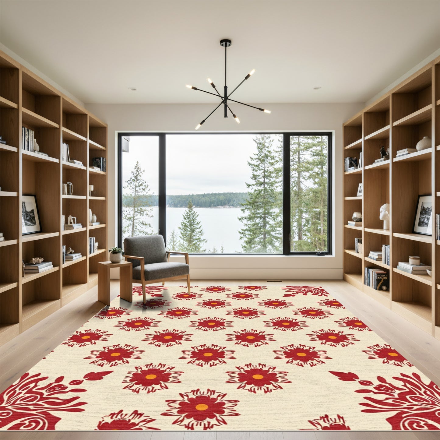Crimson Floral Medallion Cream Background Rug