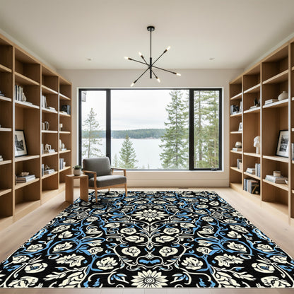 Cream Blue Floral Garden Symmetry Rug