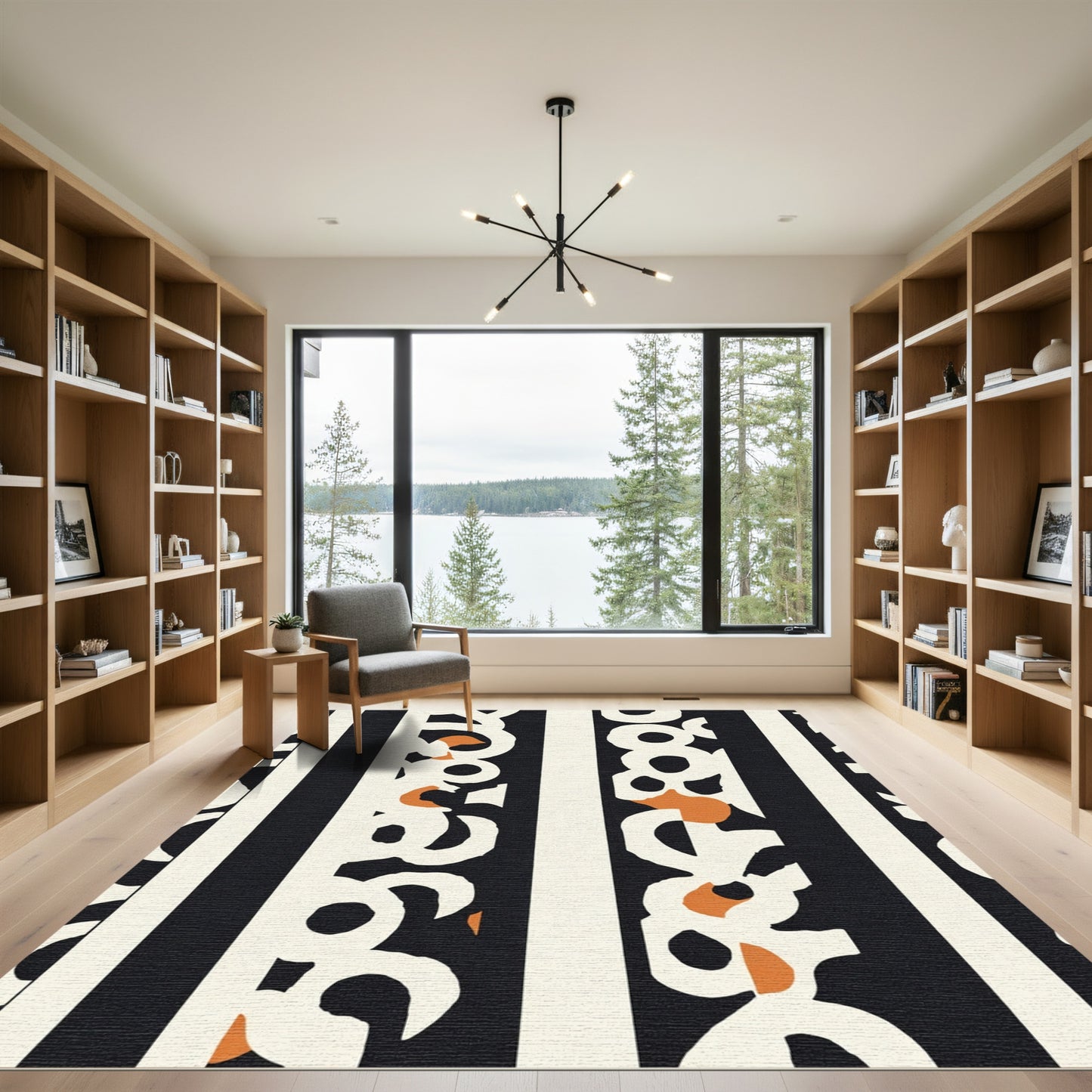 Abstract Black Cream Orange Organic Stripes Rug